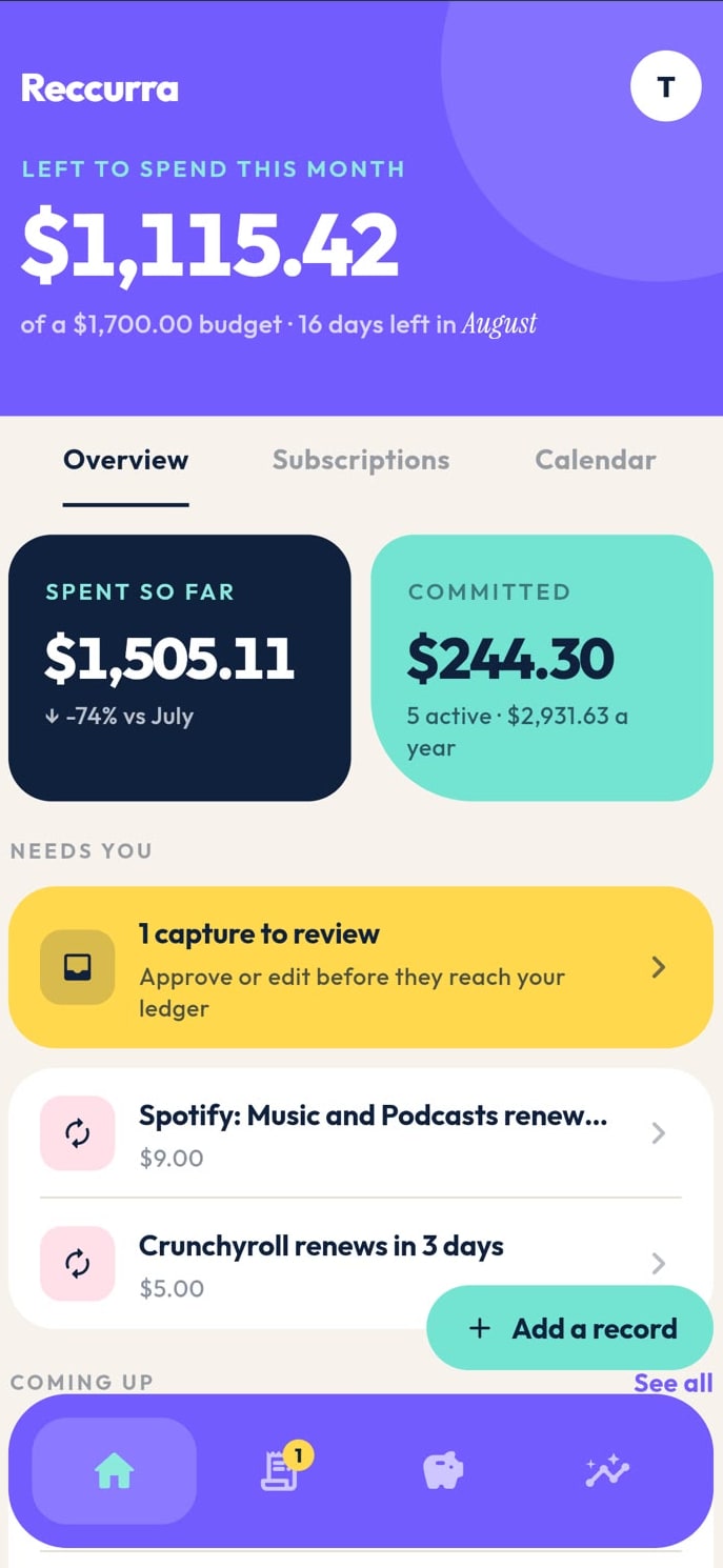 The Reccurra home screen: how much is left to spend this month, against the budget and days remaining