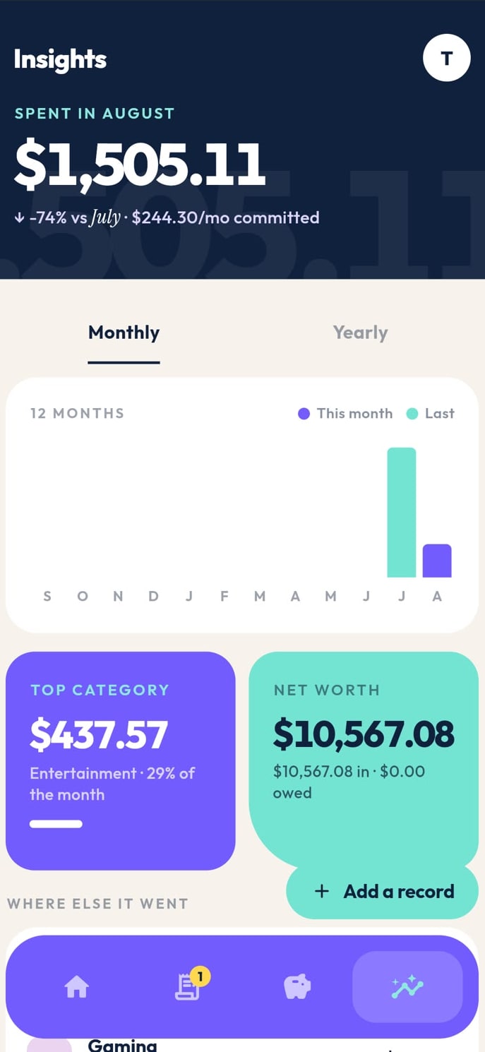 Reccurra insights: a twelve-month spending chart with monthly and yearly views, top category and net worth
