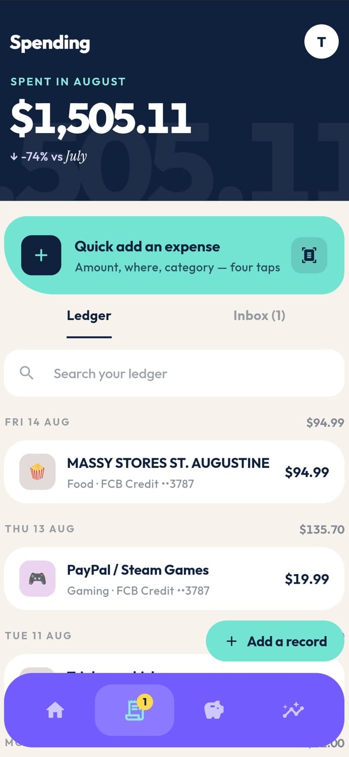 The Reccurra ledger: captured purchases grouped by day, with an Inbox tab holding one capture awaiting approval
